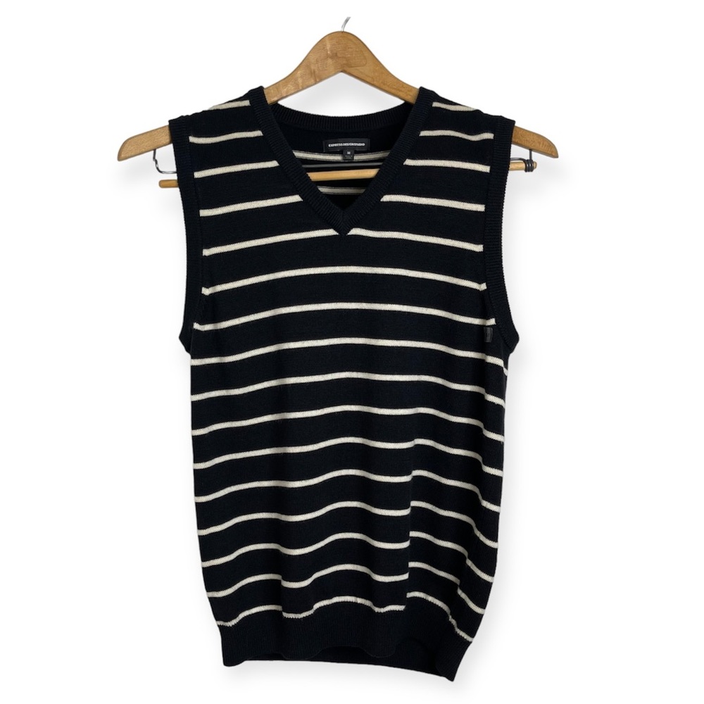 EXPRESS DESIGN STUDIO Men Striped 100% Marino Wool V Neck Vest Size M Preppy Y2K